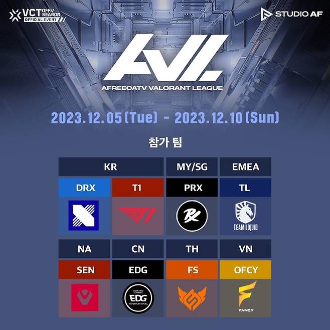 발로란트 국제대회 AVL 2023 참가팀 명단, 사진=아프리카TV 제공,