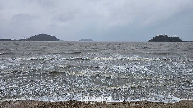 전라남도 신안군 자은면 둔장해변에서 바라본 할미도(오른쪽) 모습. 비바람 탓에 파도가 일고 있다. ⓒ데일리안 장정욱 기자