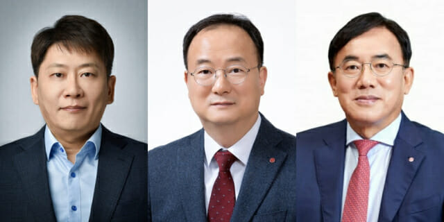 왼쪽부터 김동명 LG에너지솔루션 신임 사장 CE0, 문혁수 LG이노텍 신임 CEO 부사장, 정철동 LG디스플레이 사장 CE0(사진=LG)