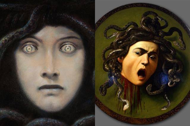 프란츠 폰 슈투크가 1892년 그린 메두사(왼쪽)와 카라바조의 1597년 작 메두사.