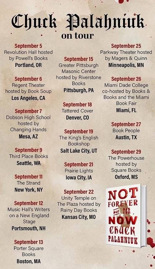 한국에선 상대적으로 낯선 이름이지만 척 팔라닉은 미국에서 가장 유명한 소설가 중 한 명입니다. 최근 그의 신작이 출간되었다 하네요. 뉴욕타임스는 이번 신작 ‘Not Forever, But For Now’를 두고 “과격하고 화난 상상력과 금기를 깨는 유머”라고 평가했습니다. [척 팔라닉 공식 홈페이지]