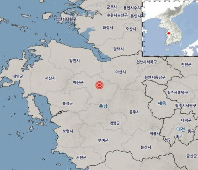 25일 오전 11시 53분 충남 예산군에서 발생한 규모 2.6 지진 위치. 기상청 제공