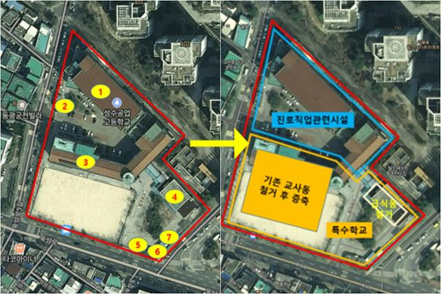 성수공고 부지에 들어설 지체장애 특수학교와 AI진로직업체험교육기관의 배치 계획도. 서울시교육청 제공