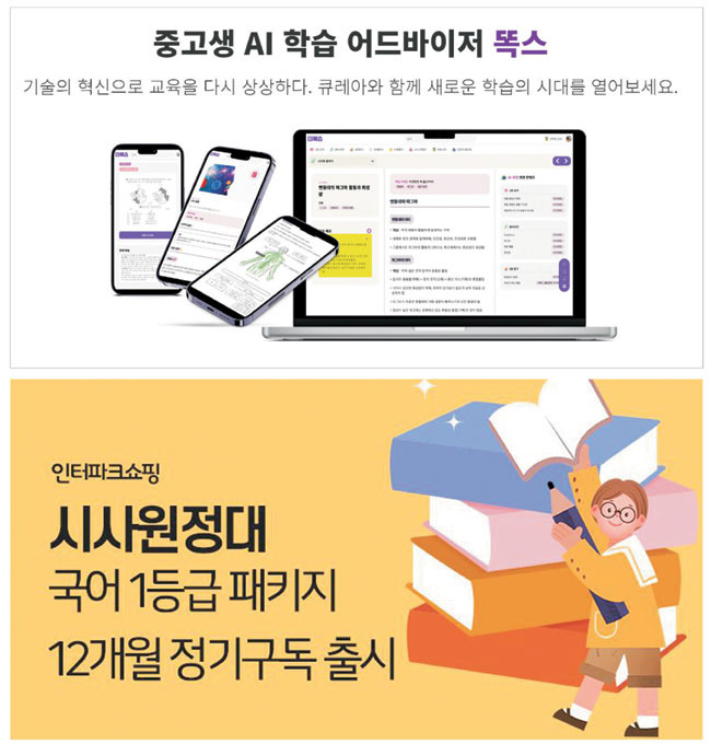 스타트업 큐레아가 중·고등학생을 대상으로 선보인 인공지능(AI) 구독형 학습 서비스 ‘똑스’(상단)와 인터파크쇼핑의 문해력 향상 구독 서비스 ‘시사원정대 국어 1등급 패키지’.    각 사 제공