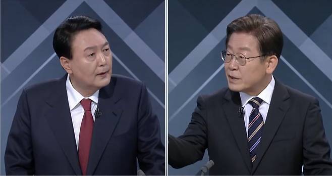 지난해 3월 열린 대선 마지막 TV 토론회에서 당시 국민의힘 윤석열 후보와 더불어민주당 이재명 후보가 기본소득 공약 등을 놓고 설전을 벌이고 있다.  채널A 화면 캡처