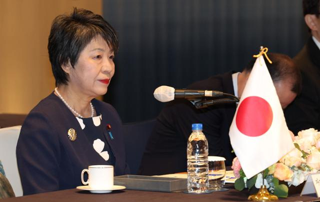 가미카와 요코 일본 외무장관이 지난 26일 오전 부산 해운대구 시그니엘부산에서 열린 한일 외교부장관 양자회담에 참석한 모습. 연합뉴스