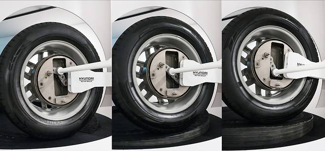 Hyundai’s “Uni-wheel” system integrates the constant velocity joints, drive shaft and car decelerator into the wheel, connecting small motors to each wheel. (Hyundai Motor Group)