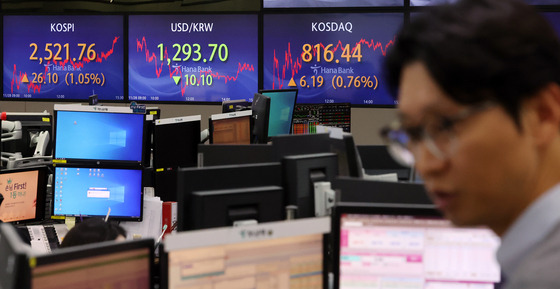 Screens in Hana Bank's trading room in central Seoul show the Kospi closing at 2,521.76 points on Tuesday, up 1.05 percent, or 26.10 points, from the previous trading session. [NEWS1]