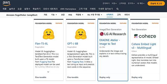 아마존 세이지메이커 점프스타트에 업로드돼있는 이미지 투 텍스트 모델 / 출처=AWS