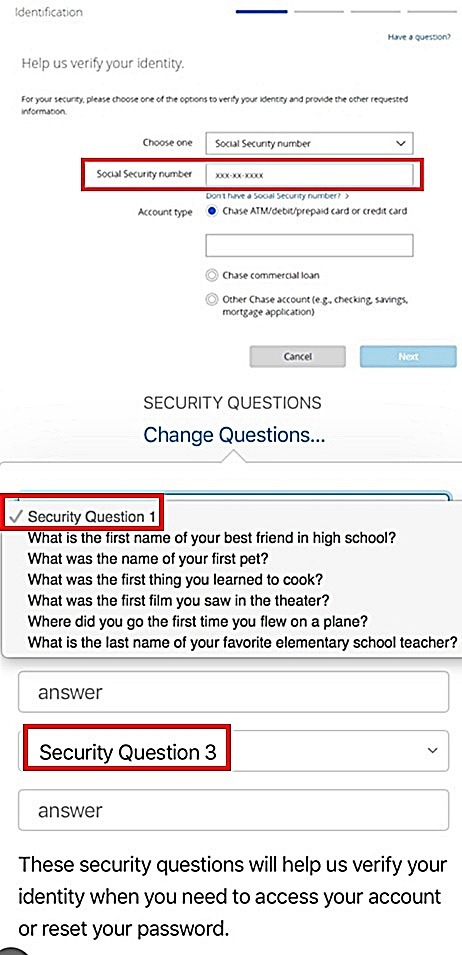 미국 은행 거래 어플리케이션의 모습. 주민등록번호와 다르게 소셜 넘버를 적는 란이 있다. 또 보안 질문이라고 해서 개인적인 질문에 대해 답변해야만 은행 거래를 할 수 있도록 한다. /사진=독자제공