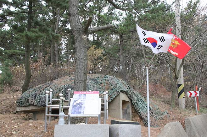 ‘연평도 포격전’ 당시 산화한 서일우 하사의 해병 군표가 꽂힌 나무. 사진제공|트래블팀