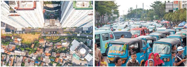고층 아파트와 단층 주택이 혼재하는 자카르타 시내의 모습(왼쪽 사진). 자카르타 시내의 도로가 자동차들로 가득 차 있다(오른쪽).