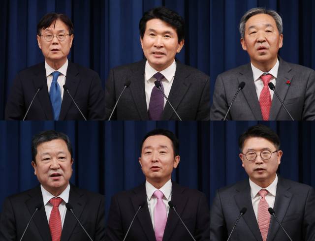 윤석열 대통령은 30일 대통령실에 정책실장직을 신설키로 하고 이관섭 국정기획수석비서관을 승진 기용했다. 윤 대통령은 이날 정무수석에 한오섭 국정상황실장, 홍보수석에 이도운 대변인을 승진 임명하는 등 대통령실 수석비서관 전원을 교체했다. 시민사회수석에는 황상무 전 KBS 앵커, 경제수석에 박춘섭 한국은행 금융통화위원, 사회수석에 장상윤 교육부 차관을 각각 기용했다. 사진 윗줄 왼쪽부터 이관섭 대통령실 정책실장, 황상무 시민사회수석, 한오섭 정무수석. 아랫줄 왼쪽부터 박춘섭 경제수석, 이도운 홍보수석, 장상윤 사회수석. 연합뉴스