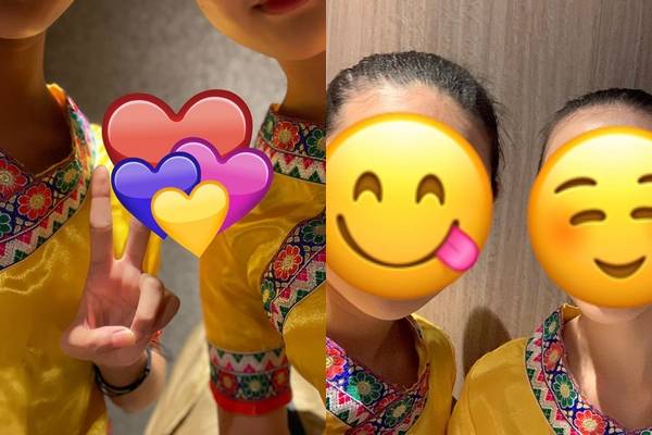 홍콩 일간 사우스차이나모닝포스트(SCMP) 소속 군사 전문기자 미니 찬의 페이스북에 지난 11일 올라온 사진들. 아시아권 전통의상으로 추정되는 옷을 입은 여성 2명의 얼굴에 이모지를 붙인 사진이 게시됐다. 미니 찬 페이스북 캡처