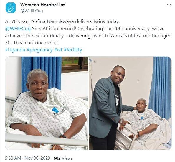 우간다에서 쌍둥이 남매를 출생한 70대 여성. 연합뉴스