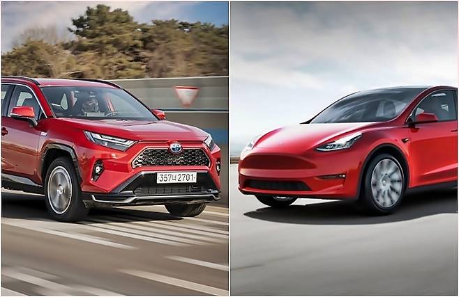 토요타 라브4 하이브리드와 테슬라 모델Y [사진출처=토요타, 테슬라]