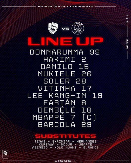 [사진] PSG 선발 명단.
