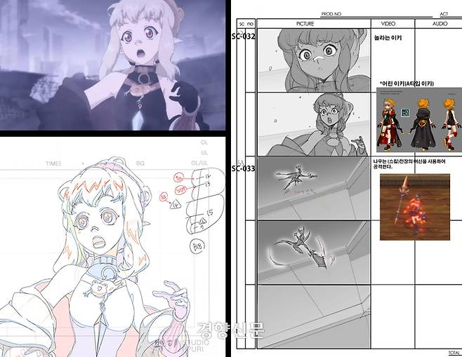 ‘집게손가락’ 논란이 인 넥슨 던전앤파이터 ‘마계 화합’ 한 장면 (왼쪽 위)와 해당 장면 콘티(오른쪽), 해당 장면 원화(왼쪽 아래).