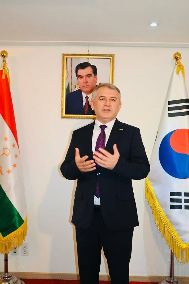 Tajikistan's ambassador to Korea Salohiddin Kirom speaks in an interview with The Korea Herald at the Embassy of Tajikistan in Yongsan-gu, Seoul, on Friday. (Sanjay Kumar/The Korea Herald)