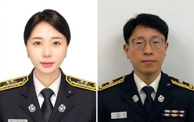 쉬는 날 신속한 대처로 시민의 생명을 구한 박지혜 소방사(왼쪽)과 송기춘 소방위. 진천소방서/고잔119안전센터
