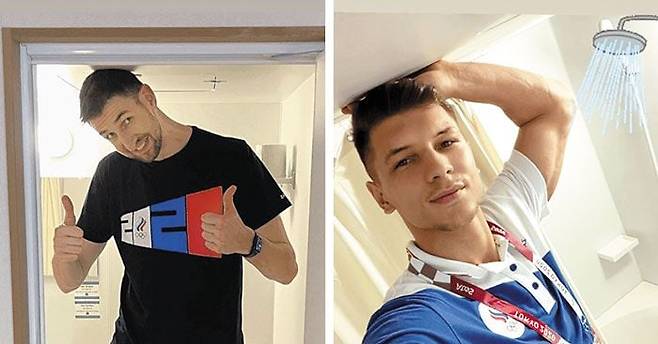 키 212㎝인 러시아 남자 배구 대표선수 아르템 볼비치(31)에게 도쿄올림픽 선수촌 화장실은 너무 낮았다. 고개를 비스듬하게 꺾어도 들어가기 어려운 모습을 19일 자기 인스타그램에 올렸다(왼쪽). 키 198㎝인 동료 야로슬라프 포들레스니흐(27)는 화장실 천장에 정수리가 딱 닿았다(오른쪽). /인스타그램