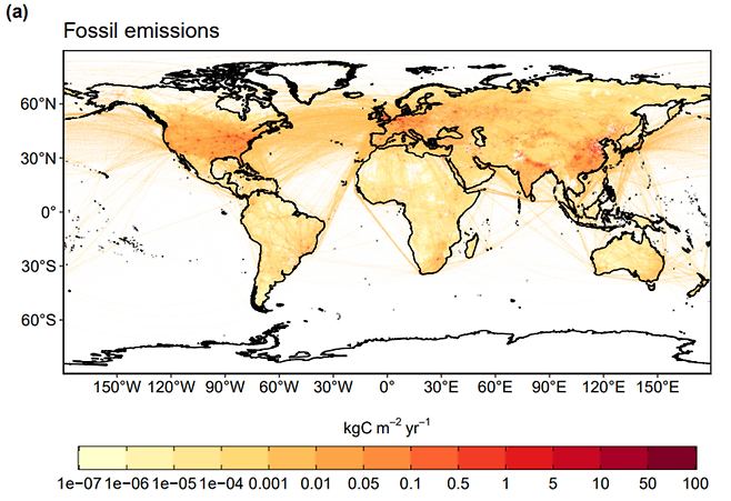 세계의 화석연료 사용으로 인한 온실가스 배출량을 나타낸 지도. 보고서 갈무리