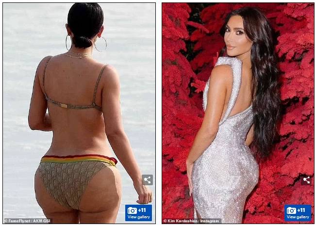 미국의 모델 겸 영화배우인 킴 카다시안은 '모래시계' 몸매로 유명하다. 그녀의 2017년(왼쪽)과 2022년(오른쪽) 모습. 그녀의 몸매는 몇 년 동안에 걸쳐 많이 변했다. 그녀는 최근 더 날씬한 몸매를 선보이기 시작했다. [사진=영국 데일리메일 캡처]