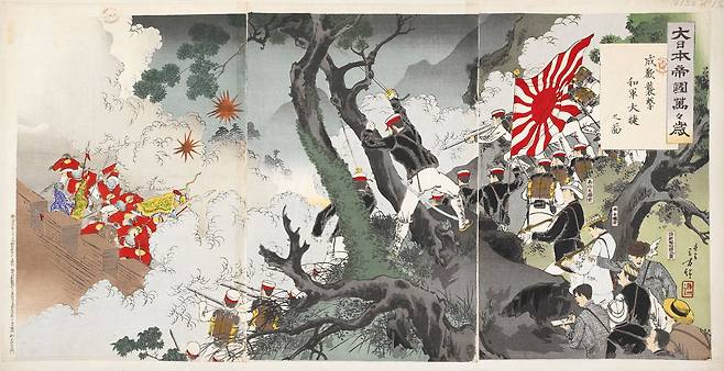 성환 전투를 묘사한 일본 판화. 오른쪽 아래 종군기자들이 그려져 있다. 일본은 이 전쟁을 ‘문명과 야만의 대결’이라고 홍보했다. 판화 제목은 ‘대일본제국 만만세’다. /영국박물관