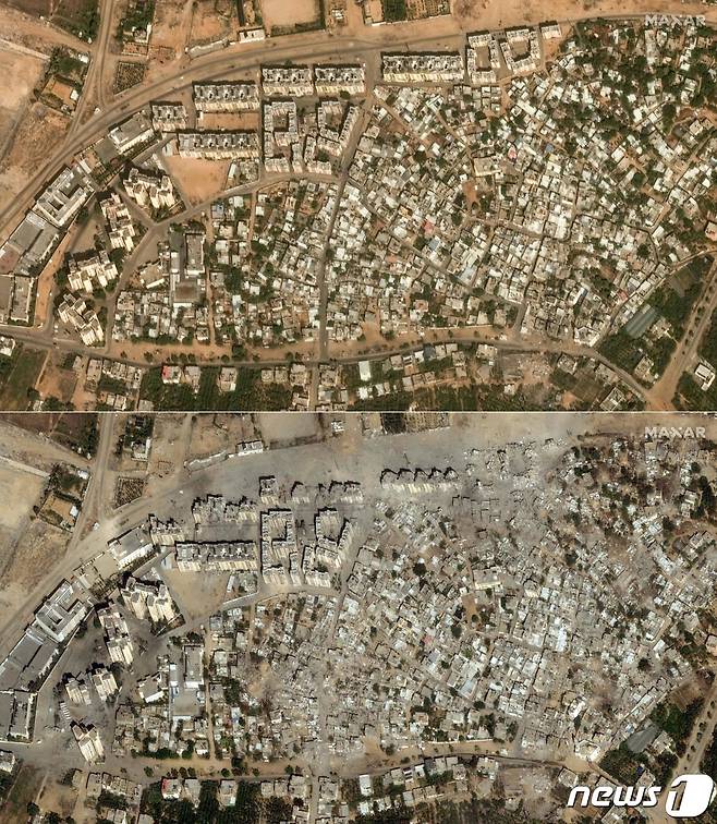 10일(현지시간) 가자 지구를 위성으로 찍은 모습(위쪽)과 21일 가자 지구를 찍은 모습을 비교한 사진. 2023.10.26 ⓒ AFP=뉴스1 ⓒ News1 정지윤 기자