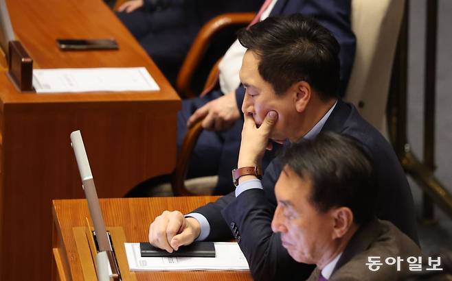 국민의힘 김기현 대표가 8일 국회 본회의장에서 열린 21대 정기국회 마지막 본회의에서 단말기를 들여다보고 있다. 이날 내년 총선을
 4개월 앞두고 ‘정부 견제론’이 ‘지원론’을 앞선다는 여론조사 결과가 공개되자 여당 내부에선 “누구도 사즉생(死則生)의 절박감을
 보여주지 않는다”는 위기감이 분출했다. 박형기 기자 oneshot@donga.com