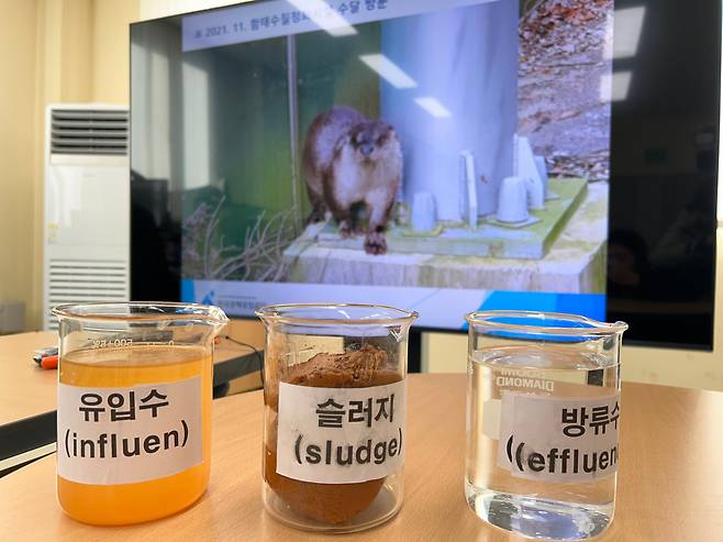 한국광해광업공단 함태 수질정화시설에서 당일에 유입된 중금속 물인 유입수(왼쪽부터), 중금속 찌꺼기 덩어리인 슬러지, 정화작업이 완료된 방류수. /이신혜 기자