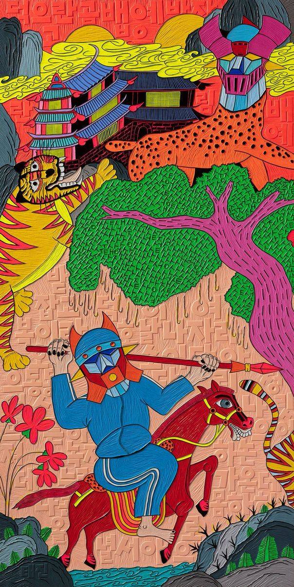 'Life goes on' Acrylic and ink on embossed wood panel, 150x100cm, 2023 [사진제공 = 이길이구 갤러리]