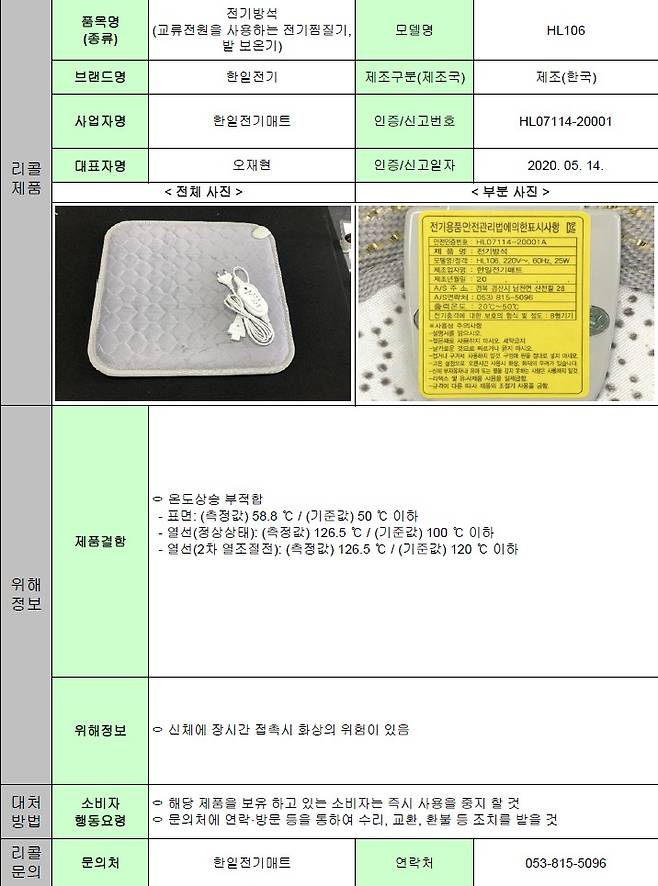 국가기술표준원이 리콜 명령한 제품 설명 자료.(산업통상자원부 제공)