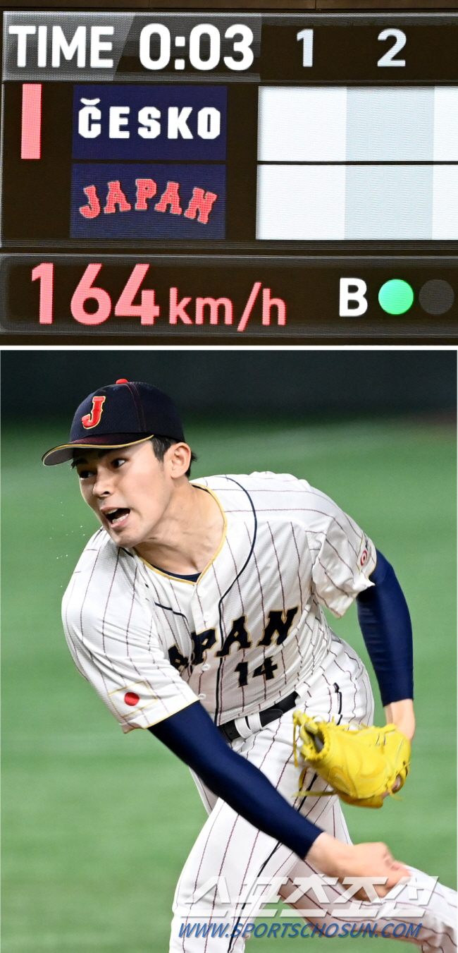 사사키가 지난 3월 WBC 체코전에서 최고 164㎞ 직구를 뿌리고 있다. 스포츠조선 DB