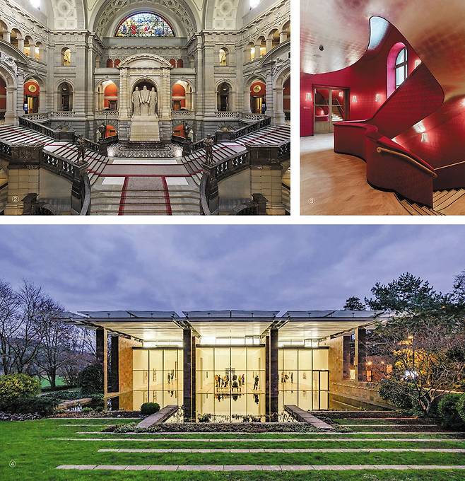 ②스위스 연방의회 의사당의 중앙 홀을 지키는 네 개의 동상은 스위스의 4개 국어(독일어·프랑스어·이탈리아어·로망슈어)를 상징한다. ③유럽의 유서 깊은 콘서트홀인 바젤의 슈타트카지노홀. 바젤 심포니 오케스트라가 상주하고 있으며 다양한 장르의 공연이 열린다. ④‘아트 바젤’ 창립자 중 한 명인 스위스 화상 에른스트 바이엘러가 세운 바이엘러 미술관. 모네·고흐·자코메티·피카소 등의 작품을 소장하고 있다.  / Patrick Moser/FLC/ADAGP/ProLitteris/2013·Parlamentsdienste·헤르조그 앤 드 뫼롱·바이엘러 재단