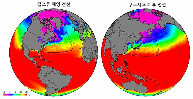 해양 온도 분포로 본 중위도 해양 전선 위치해양 전선은 해수면 온도가 북쪽으로 갈수록 급격히 낮아지는 특징을 갖는 지역을 가리킨다. 우리나라 겨울 기후에 영향을 미치는 북대서양 걸프류 해양 전선과 (왼쪽) 북미 지역에 영향을 미치는 북태평양 쿠로시오 해류 전선 (오른쪽).[KIST 제공]