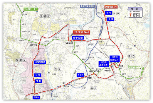 대전 도시철도 2호선 노선도. (그래픽=대전시 제공)