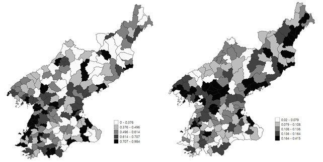 북한에 대한 수출 제재(왼쪽), 수입 제재에 따른 지역별 제재 취약도를 나타낸 북한 지도 /KAIST 제공