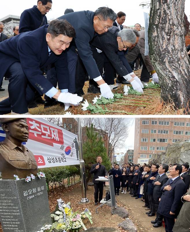 12·12 44주년…‘참군인’을 기리다 광주 동신고 동문들이 12일 교정에서 열린 정선엽 병장 44주기 추모식에서 기념수에 헌화하고 있다. 정 병장은 12·12 군사반란이 일어난 직후인 1979년 12월13일 국방부와 육군본부를 연결하는 지하 벙커에서 1공수여단 소속 반란군의 총탄에 숨졌다(위 사진). 이날 경남 김해시 김해삼성초등학교에서는 김오랑 중령 44주기 추모제가 열려 여야 정치권과 주민 등이 고인을 기리고 있다. 김 중령은 1979년 12월13일 새벽 신군부 세력에 맞서 총격전을 벌이다 전사했다. 연합뉴스