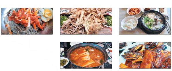 윗줄 왼쪽 사진부터 시계방향으로 명태회 냉면, 먹태, 황탯국, 코다리찜, 동태탕.