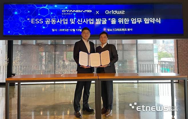 그리드위즈는 스탠다드에너지와 지난 13일 경기 성남시 판교 그리드위즈 본사에서 '전기차 급속충전기 1만개 설치 및 재생에너지 전기저장판매업 진출'을 위한 업무협약을 맺었다. 사진 왼쪽부터 김부기 스탠다드에너지 대표와 류준우 그리드위즈 사장.