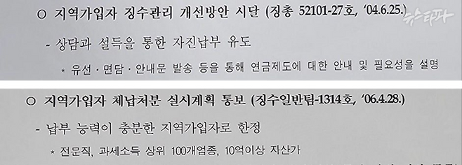 ▲건강보험공단으로 보험료 징수 업무가 통합되기 전, 지역가입자 압류 관련 국민연금공단 내부 지침 (출처 : 국민연금공단)