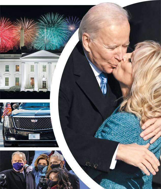 조 바이든 미 대통령이 20일(현지 시각) 대통령 취임 선서를 마친 뒤 부인 질 여사와 입맞춤을 하고 있다(오른쪽 사진). 바이든은 이날 46대 대통령을 뜻하는 '46' 번호판을 단 대통령 전용 차량‘더 비스트’(왼쪽 가운데 사진)를 타고 백악관에 들어갔다. 백악관 위로 바이든 취임을 축하하는 불꽃놀이가 열리기도 했다(왼쪽 위 사진). 조지 W 부시 전 대통령과 버락 오바마 전 대통령 부부가 낸시 펠로시 하원의장과 함께 취임식을 지켜보고 있다(왼쪽 아래 사진).  /AFP 로이터 UPI 연합뉴스