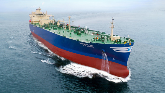 Pictured is a LPG carrier built by HD Hyundai Heavy Industries on a trial run in July. [YONHAP]