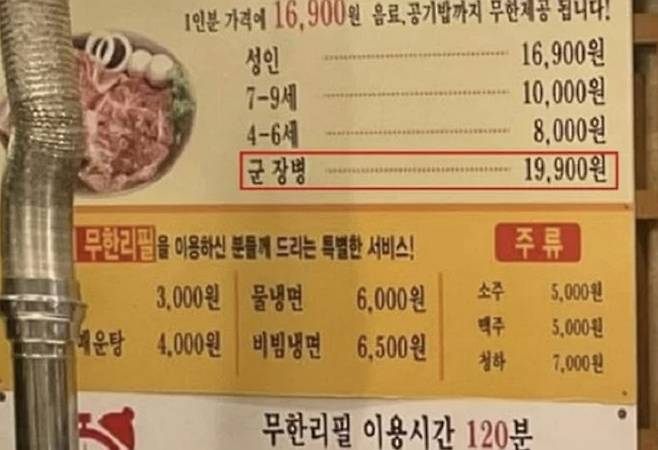 숯불갈비 무한 리필 식당 가격 안내판 [사진 = 온라인 커뮤니티 갈무리]