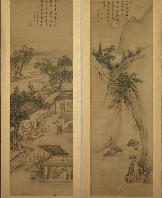 '주부자 시의도(朱夫子詩意圖)'(1799) 6폭 병풍 중 제3폭과 제4폭. 김홍도(1745-1806 이후)가 남송 주자(1130-1200)의 시를 그림으로 그려 정조 임금에게 바친 작품이다. [사진 국립중앙박물관]