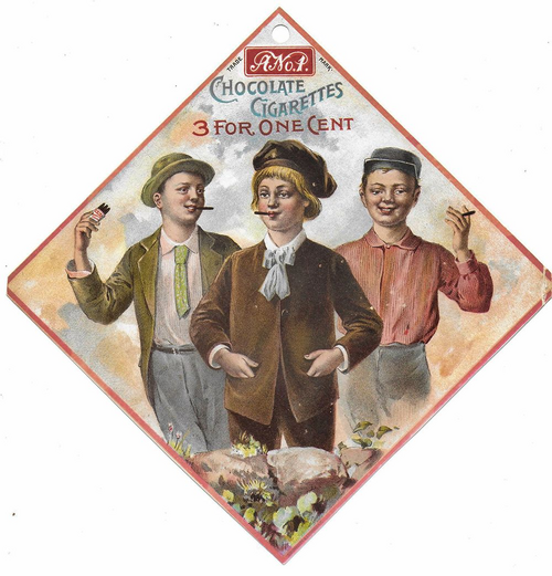 홀리앤훕스의 인기 상품이었던 ‘초콜릿 담배’의 1890년대 옥외 광고판. 소년소녀들의 자연스러운 포즈가 인상적이다. “야 초콜릿 한 개비 줘봐.” “아 돛대라 안 돼.” [사진 출처=마이클 레이스코니스 요리학교 ICE 소속 셰프 개인 소장품]