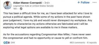 벤 카딘 상원 외교위원장의 보좌관인 에이단 메이스-체롭스키가 영상 속 남성으로 알려져 해고됐으나, 그는 자신이 아니라며 부인했다. [이미지 출처=에이단 메이스-체롭스키 링크드인 캡처]