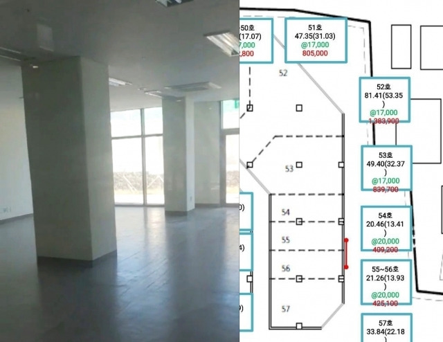 허모(49)씨가 분양 받았던 제주 성산에 위치한 주상복합 건물 53호 상가 내부 모습(왼쪽 사진). 허씨는 상가 가운데 위치한 기둥의 존재를 몰랐다고 주장했고, 최근 서울고법은 계약 취소 사유에 해당한다고 판결했다. 오른쪽 사진은 허씨가 분양 당시 제공 받았던 53호 등의 도면 사진. 법무법인 정향 제공