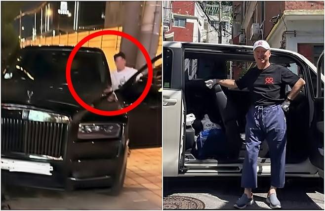 롤스로이스 사고 장면(왼쪽)과 레이를 극찬한 박용만  전 두산그룹 회장 [사진출처=카라큘라탐정사무소, 박용만 전 회장 SNS]